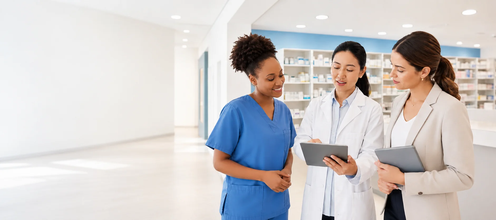Healthcare professionals collaborating in a bright pharmacy and medical center setting
