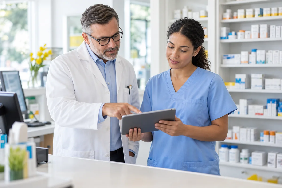 Pharmacist and technician reviewing their work